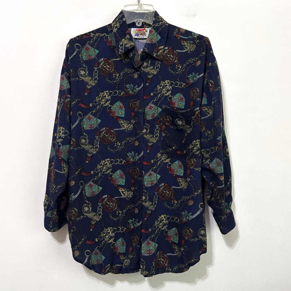 Sorrel Plus Blouse 18 Vintage Button Front Chains Crests Rayon Long Sleeve Top